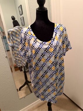 Talbots Blue and Yellow Geometric Scoop Neck Tee